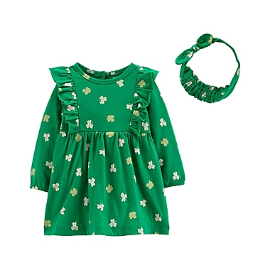 carter&#39;s&reg; Newborn St. Patrick&#39;s Day Dress and Headwrap Set in Green. View a larger version of this product image.