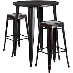 Flash Furniture 3-Piece 30-Inch Round Metal Bar Table and Stackable Stools Set in Black/Gold