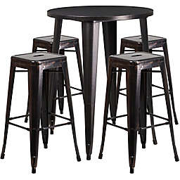 Flash Furniture 5-Piece 30-Inch Round Metal Bar Table and Stackable Stools Set in Black/Gold