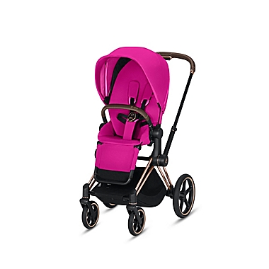 CYBEX Platinum e-Priam Stroller with Rose Gold Frame and Fancy Pink Seat. View a larger version of this product image.