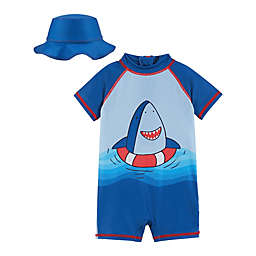 Beetle & Thread® 2-Piece Shark Swim Romper and Bucket Hat Set in Blue