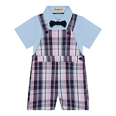 Beetle &amp; Thread&reg; Size 2T 3-Piece Plaid Overall Set with Bow Tie in Blue. View a larger version of this product image.