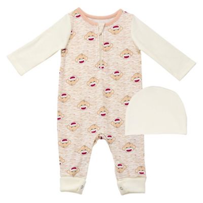 Baby Starters&reg; 2-Piece Sock Monkey Long Sleeve Coverall and Hat Set in Ivory/Tan