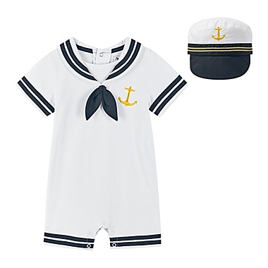 Beetle &amp; Thread&reg; Size 3-6M 2-Piece Sailor Romper with Hat in White. View a larger version of this product image.