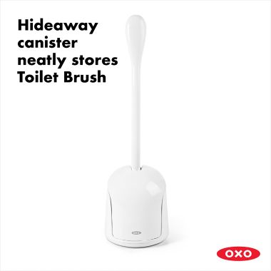 OXO Good Grips&reg; 2-Piece Compact Toilet Brush and Canister Set in White/Blue. View a larger version of this product image.