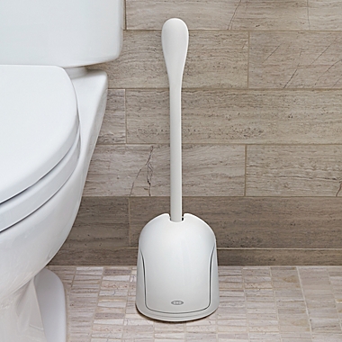OXO Good Grips&reg; 2-Piece Compact Toilet Brush and Canister Set in White/Blue. View a larger version of this product image.