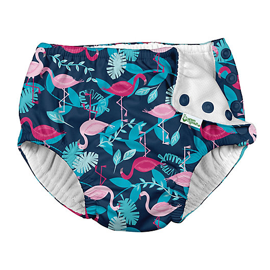 i play by green sprouts Girls Baby Ruffle Snap Reusable Absorbent Swimsuit Diaper 18mo White Flamingos
