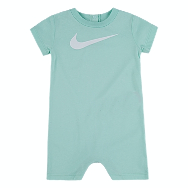 Nike&reg; Size 12M Swoosh Romper in Green. View a larger version of this product image.