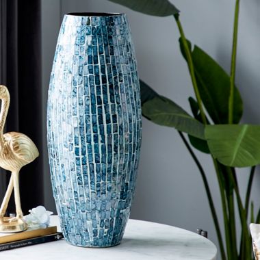 Ridge Road D&eacute;cor Wood Coastal Urn Vase in Blue. View a larger version of this product image.