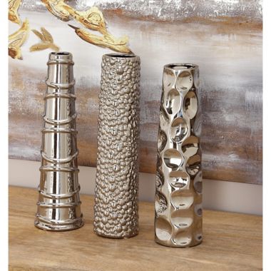 Ridge Road D&eacute;cor 3-Piece Glam Ceramic Vase Set in Silver. View a larger version of this product image.