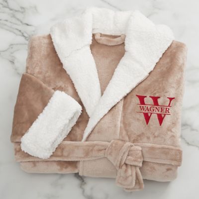 Lavish Last Name Personalized Sherpa Hooded Fleece Robe in Taupe