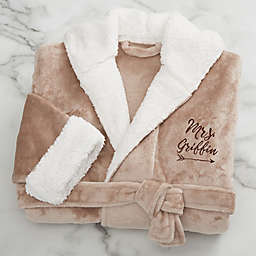 Mrs. Embroidered Luxury Hooded Fleece Robe in Taupe