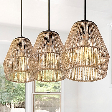 JONATHAN Y 30-Inch 3-Light Seagrass/Metal Boho Coastal LED Pendant in Oil Rubbed Bronze. View a larger version of this product image.
