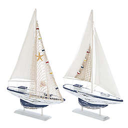Ridge Road Decor 2-Piece Wood Coastal Sail Boat Sculpture Set in White