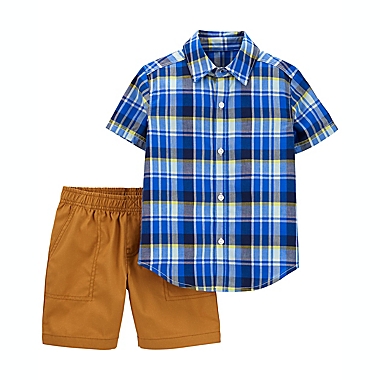 carter&#39;s&reg; Size 3M 2-Piece Plaid Button-Front Shirt and Short Set in Blue/Brown. View a larger version of this product image.