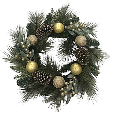 Bee &amp; Willow&trade; 24-Inch Flocked Sugared Ornaments Wreath in Gold. View a larger version of this product image.