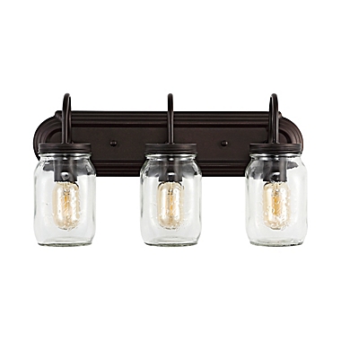 JONATHAN Y Gaines 3-Light Farmhouse Iron Mason Jar LED Vanity in Oil Rubbed Bronze/Clear. View a larger version of this product image.