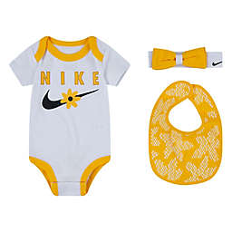 Nike® Size 0-6M 3-Piece Sport Daisy Bodysuit, Bib, and Headwrap Set in Gold