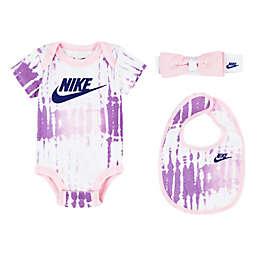 Nike® Size 0-6M 3-Piece Tie Dye Bodysuit, Bib, and Headwrap Set in White/Pink