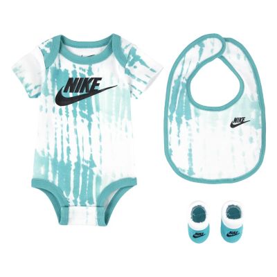 Nike&reg; Size 0-6M 3-Piece Tie Dye Bodysuit, Bib, and Bootie Set in White/Mint