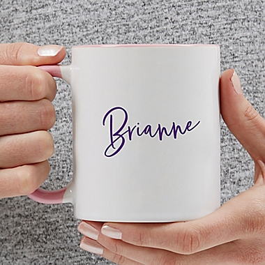 Trendy Script Name Personalized 11 oz. Coffee Mug In Pink. View a larger version of this product image.
