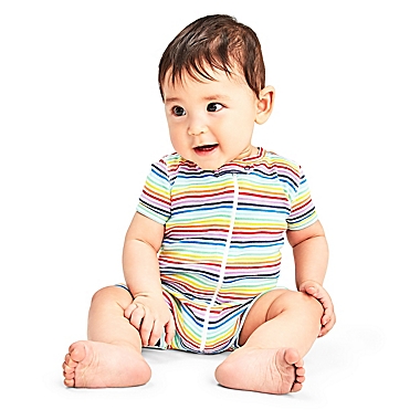 Primary&reg; Unisex  Size 18-24M Mini Stripe Organic Cotton Shortie Zip Romper in Rainbow. View a larger version of this product image.