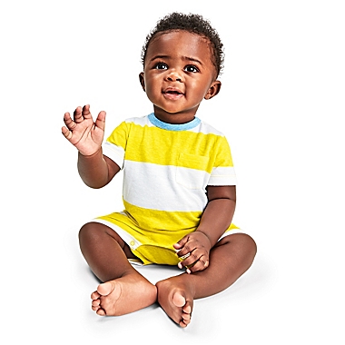Primary&reg; Unisex  Size 6-12M Rugby Stripe Pocket Shortie Romper in Sunshine/White. View a larger version of this product image.