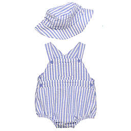 Baby Starters® 2-Piece Seersucker Stripe Romper and Bucket Hat Set in Blue