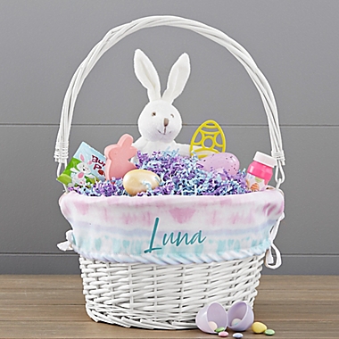 Pastel Tie Dye Personalized Easter Basket with Folding Handle in White. View a larger version of this product image.