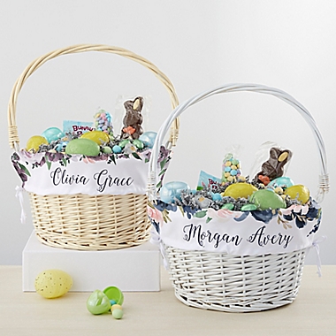 Colorful Floral Personalized Easter Basket with Folding Handle in White. View a larger version of this product image.