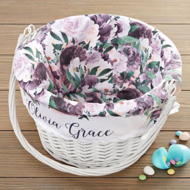 Colorful Floral Personalized Easter Basket with Folding Handle in White. View a larger version of this product image.