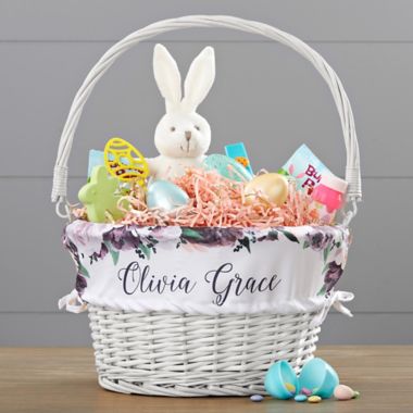 Colorful Floral Personalized Easter Basket with Folding Handle in White. View a larger version of this product image.