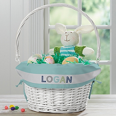 Boy&#39;s Colorful Name Personalized Easter Basket with Folding Handle in White. View a larger version of this product image.