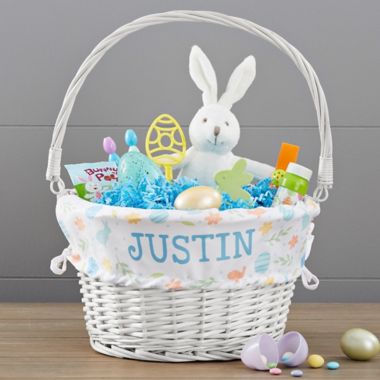 Easter Pattern Personalized Easter Basket with Folding Handle in White. View a larger version of this product image.