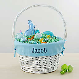 Personalized White Easter Basket With Drop-Down Handle in Light Blue