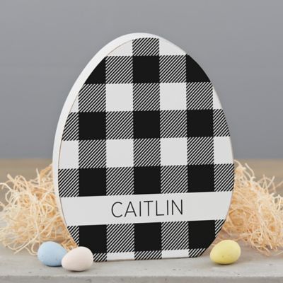 Buffalo Check Personalized Wooden Easter Egg Shelf Decoration in Black & White
