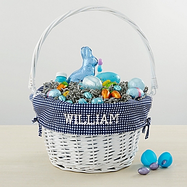 Personalized White Easter Basket With Drop-Down Handle in Navy Check. View a larger version of this product image.