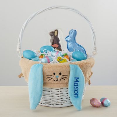 Personalized Tan Bunny Easter Basket Liner & White Basket with Folding Handle