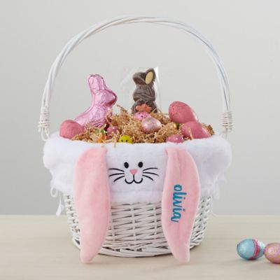 Personalized White Bunny Easter Basket Liner & White Basket with Folding Handle