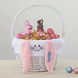 Personalized Tan Bunny Easter Basket Liner & White Basket with Folding Handle