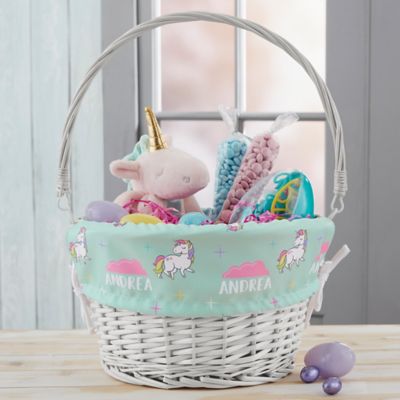 Unicorn Adventure Personalized Natural Easter Basket with Folding Handle in White