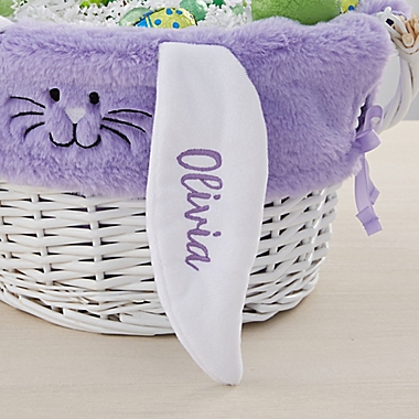 Personalized Bunny Easter Basket Liner In Purple with White Basket. View a larger version of this product image.