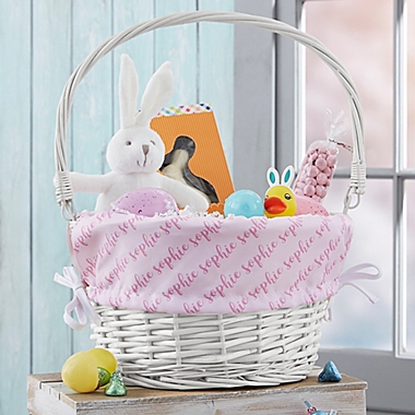 Playful Name Personalized Easter Basket with Folding Handle in White. View a larger version of this product image.