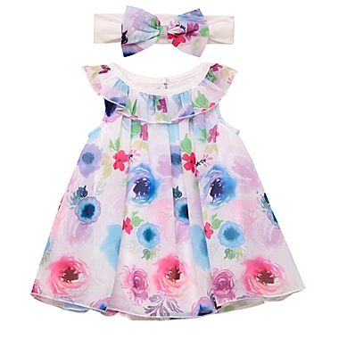 Baby Starters&reg; 2-Piece Watercolor Flower Dress and Headband Set in White/Multi. View a larger version of this product image.