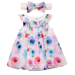 Baby Starters® Newborn 2-Piece Watercolor Flower Dress and Headband Set in White/Multi