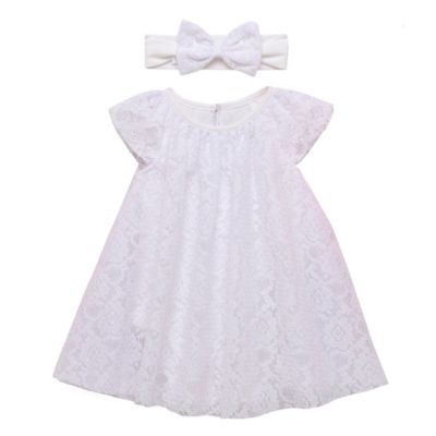 Baby Starters&reg; Newborn 2-Piece Lace Trapeze Dress with Headband in White