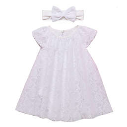 Baby Starters® Newborn 2-Piece Lace Trapeze Dress with Headband in White