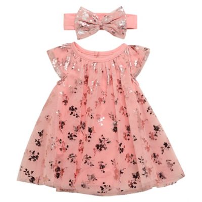 Baby Starters&reg; Size 12M 2-Piece Tulle A-Line Dress with Headband Set in Rose Gold