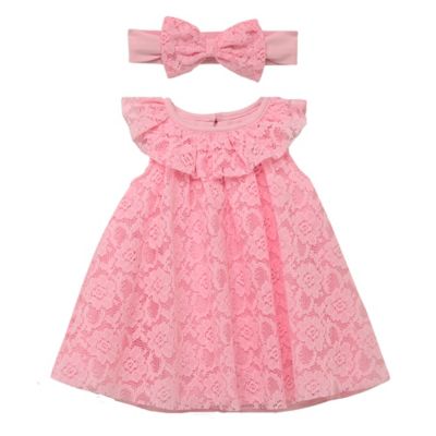 Baby Starters&reg; Size 12M 2-Piece Lace Trapeze Dress and Headband Set in Pink