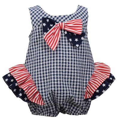 Bonnie Baby Size 0-3M Stars and Stripes Seersecker Check Bubble Romper in Navy